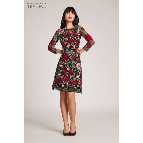 NWT TERI JON Floral-embroidered Illusion Midi-dress In Black Multi US18 $650 - Picture 1 of 11